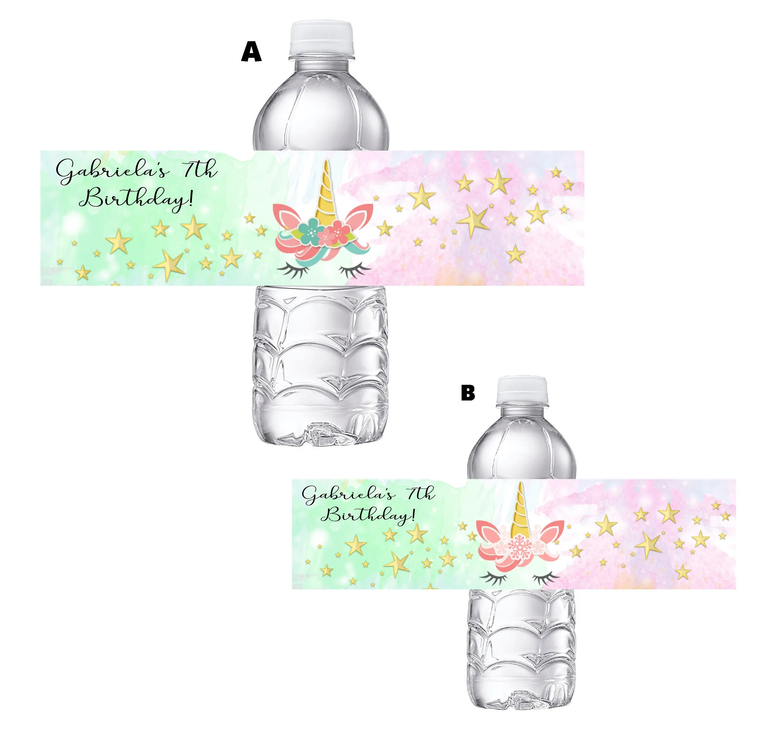 Eyelash Unicorn Horn Party Favors Birthday Green Pink White Water Bottle Labels Wrappers Supplies Personalized Unique ideas decor