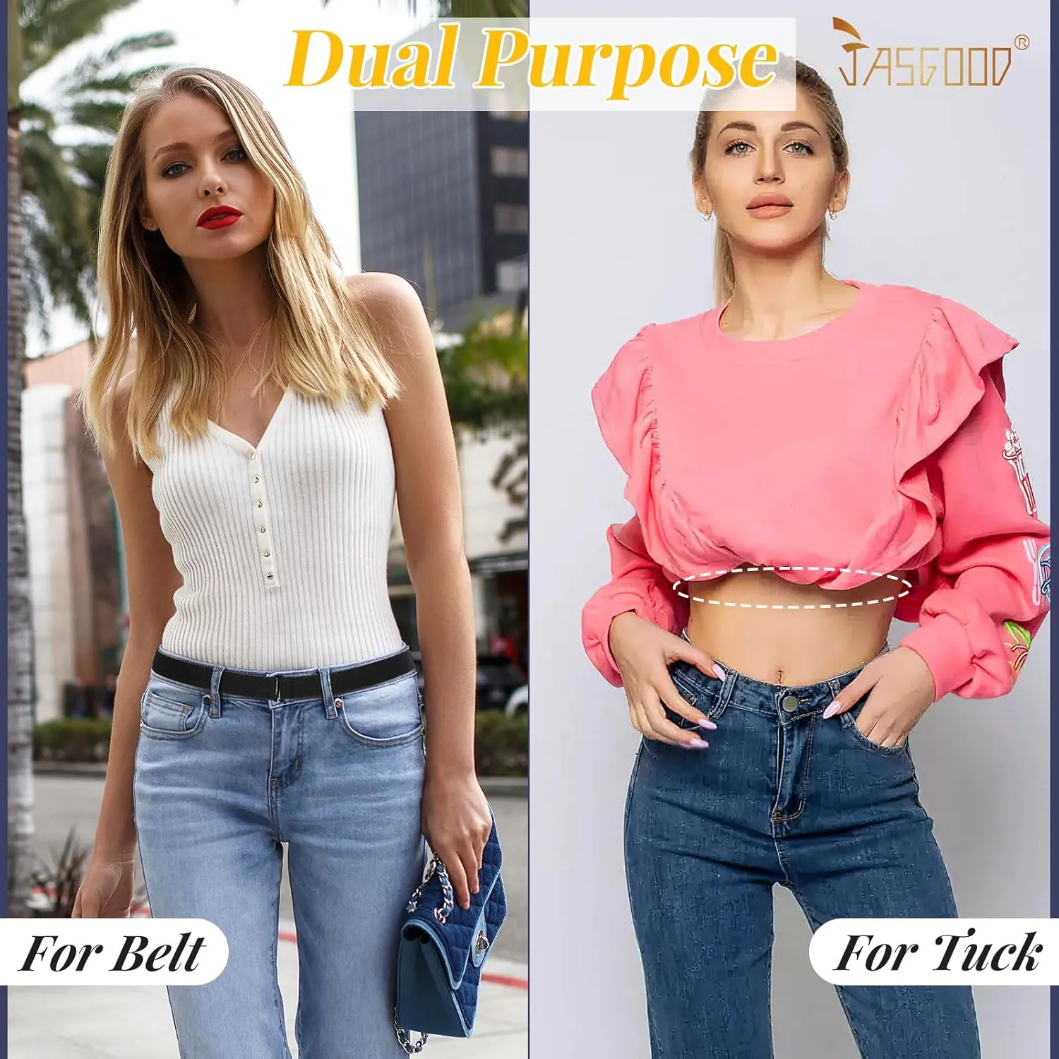 JASGOOD Crop Top Tuck Waist Band Adjustable Band Tucking Sweaters Shirts Elastic Stretch Belts for Women Change Style of Tops
