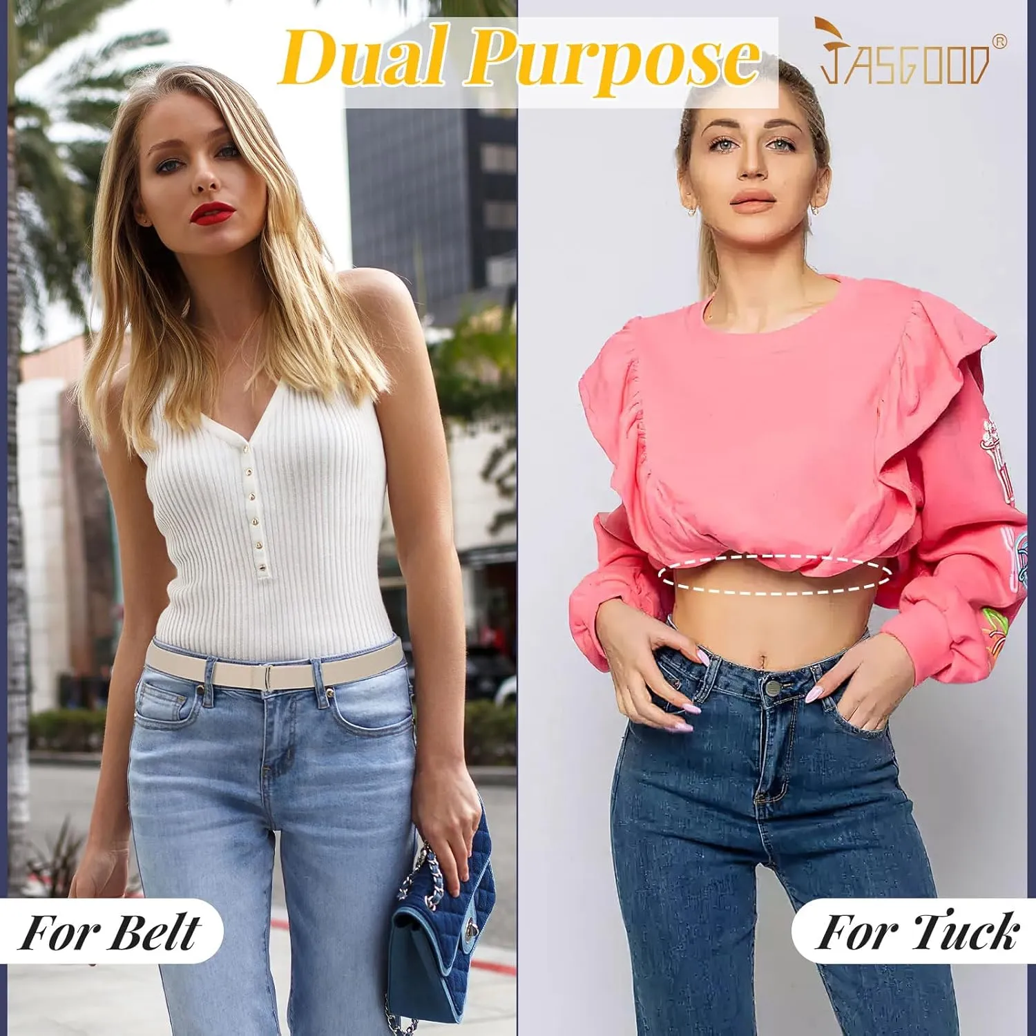 JASGOOD Crop Top Tuck Waist Band Adjustable Band Tucking Sweaters Shirts Elastic Stretch Belts for Women Change Style of Tops