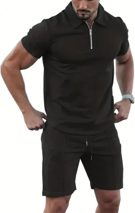 Men's Tracksuit 2 Piece Quarter Zip Sweatsuit Sets Short Sleeve Golf Polo Shirts Summer Shorts Loungewear