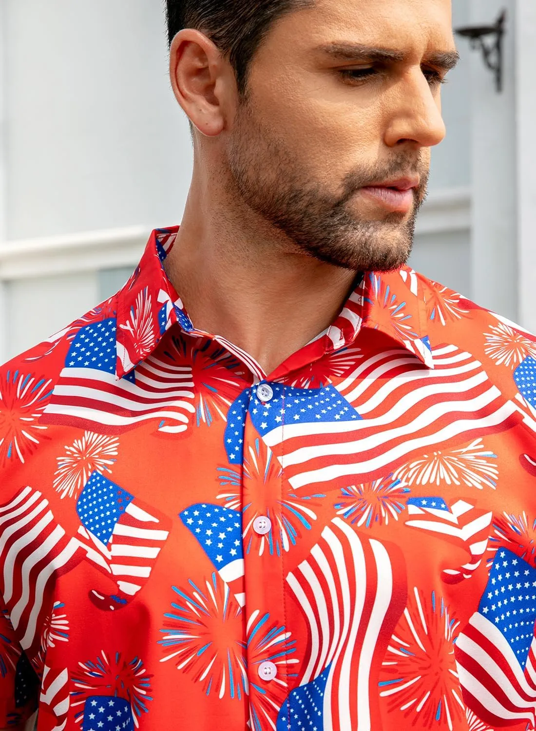 uideazone Mens 4th of July American Flag Patriotic Shirt USA Short Sleeve Button Up Independence Day Shirt M-XXL
