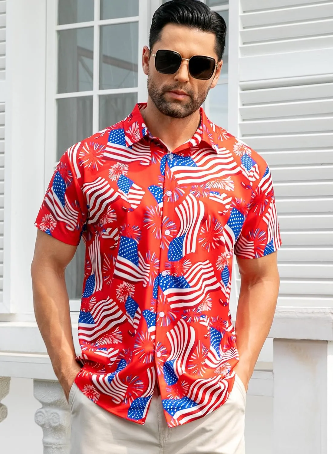 uideazone Mens 4th of July American Flag Patriotic Shirt USA Short Sleeve Button Up Independence Day Shirt M-XXL