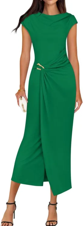 ZESICA Women's 2025 Summer Mock Neck Casual Bodycon Dress Cap Sleeve Elegant Cocktail Party Long Midi Dresses