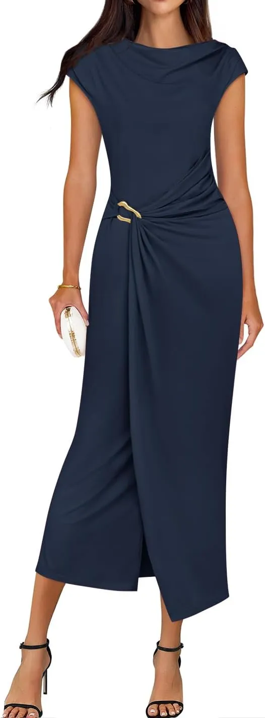 ZESICA Women's 2025 Summer Mock Neck Casual Bodycon Dress Cap Sleeve Elegant Cocktail Party Long Midi Dresses