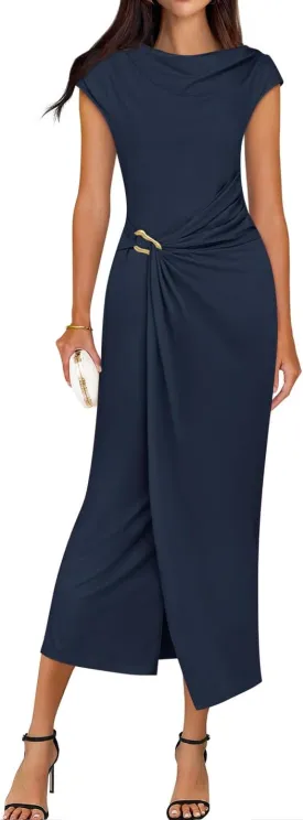 ZESICA Women's 2025 Summer Mock Neck Casual Bodycon Dress Cap Sleeve Elegant Cocktail Party Long Midi Dresses